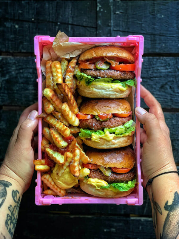 Vegan burger family pack with crispy baked potatoes