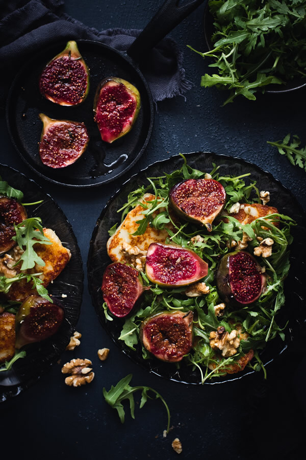Vegan grilled Haloumi cheese with figs and walnuts